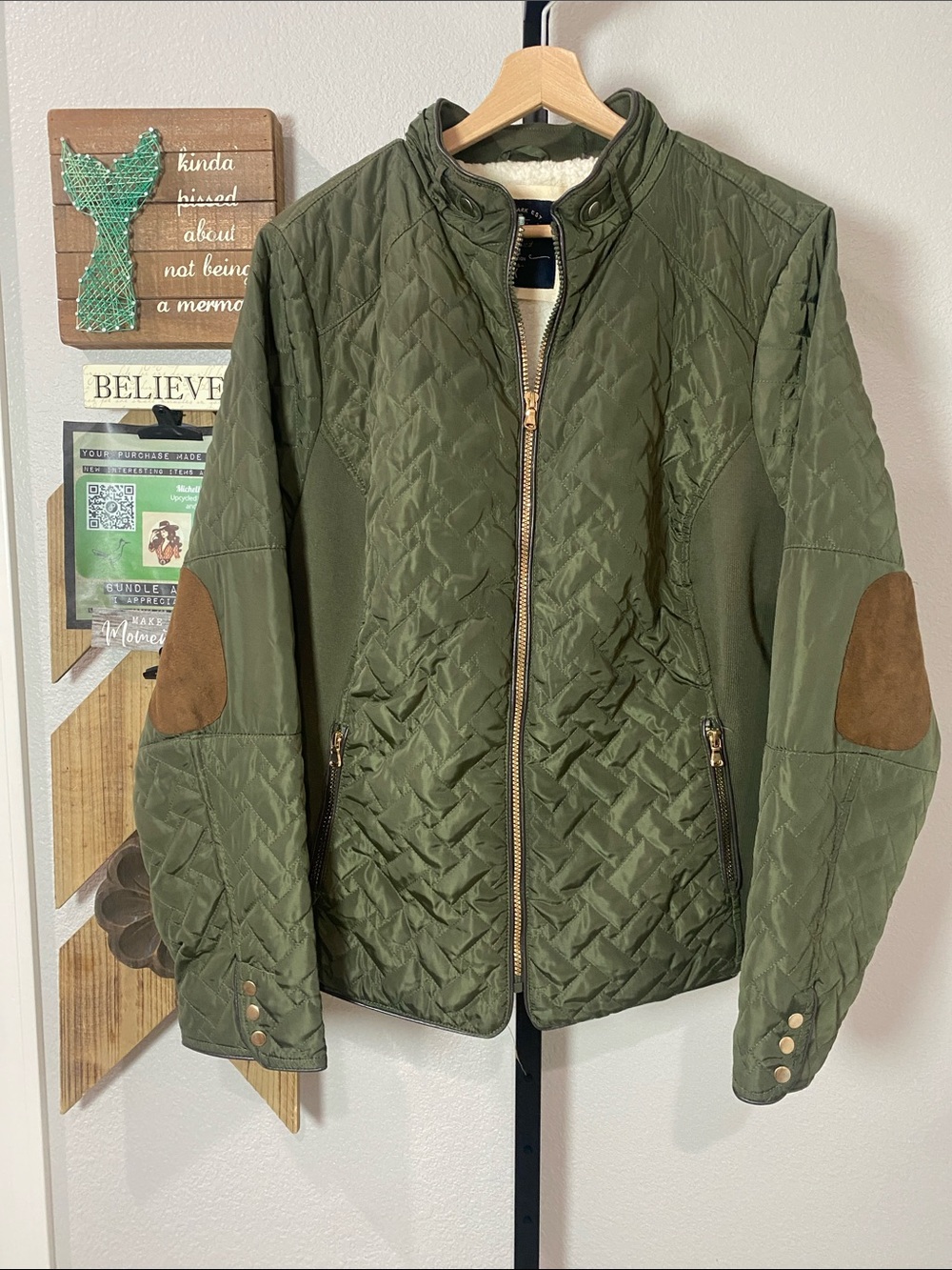 Cavalini Olive Green Quilted Jacket with Brown Elbow Patches pp24 L27 sleeve 27”